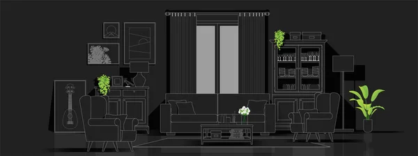 Fondo Interior Con Sala Estar Moderna Blanco Negro Estilo Boceto — Vector de stock