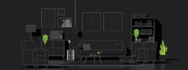 Fond Intérieur Avec Salon Moderne Noir Blanc Style Croquis Ligne — Image vectorielle