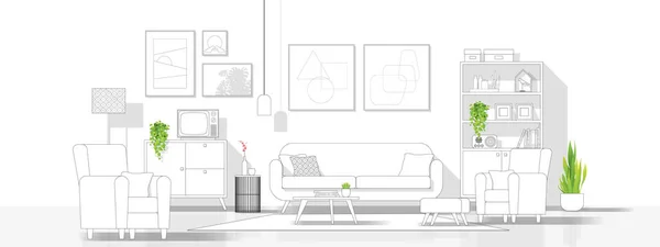 室内设计与现代客厅在黑色线条草图上的白色背景 — 图库矢量图片