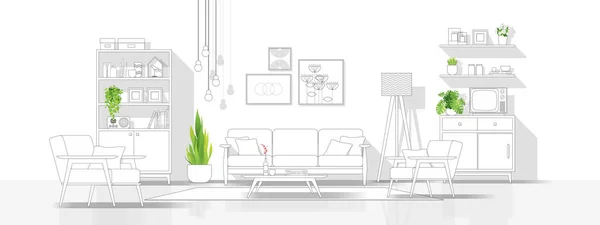 Innenarchitektur Mit Modernem Wohnzimmer Schwarzer Linienskizze Auf Weißem Hintergrund Vektor — Stockvektor