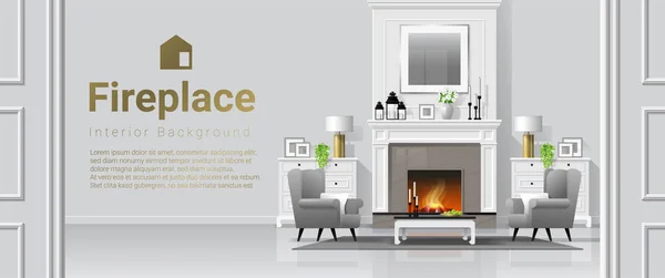 Luxury Living Room Interior Background Fireplace Furniture Classic Style Vector 로열티 프리 스톡 벡터