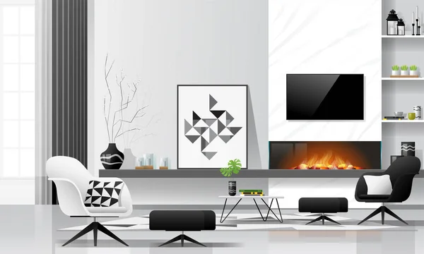 带有壁炉和家具的现代客厅室内背景 以黑白为主题 矢量图形