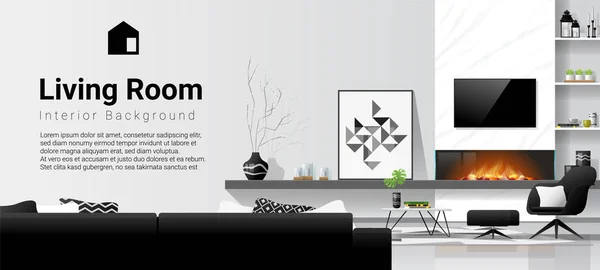 Moderner Wohnzimmerhintergrund Mit Kamin Und Möbeln Schwarz Weiß Thema Vektor — Stockvektor