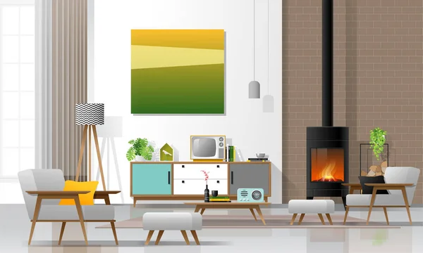 Living Room Interior Background Fireplace Furniture Modern Retro Style Vector — Stock Vector