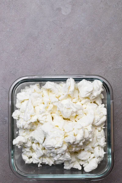 Cottage Cheese Glass Bowl Grey Background — Stock Photo, Image