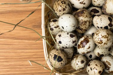 Kırsal ahşap arka planda bir yuvadaki bıldırcın yumurtaları. Sağlıklı gıda konsepti