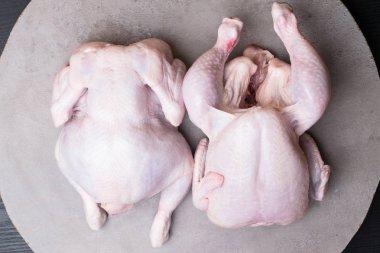 gri arka plan üzerinde iki ham bio tavuk. Üstten görünüm. Diyet gıda