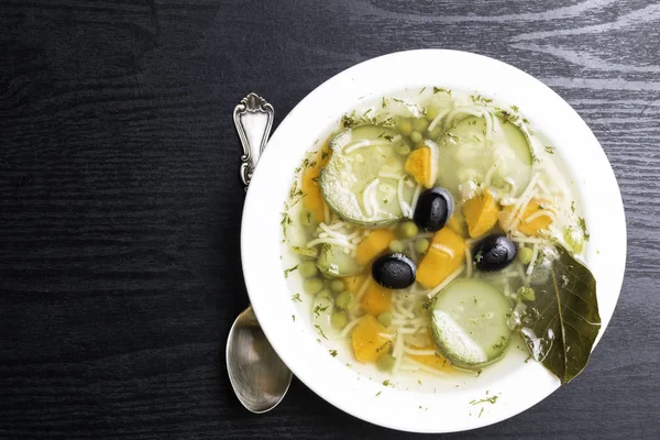 Raw Squash Zucchini Soup Carrot Pumpkin Pea Dill Black Olives — Stock Photo, Image