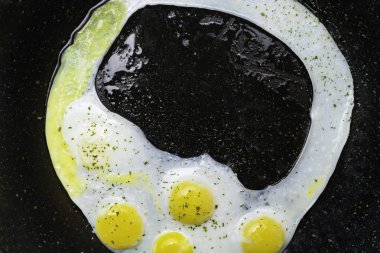 Sahanda yumurta siyah arka plan pan. Sağlık protein kahvaltı