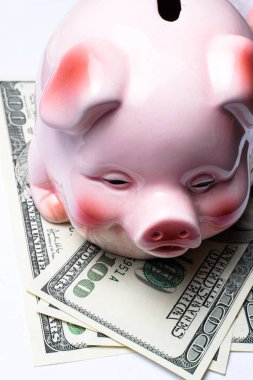 Beyaz arka plan üzerinde doları banknot ile pembe piggy banka