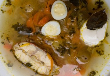 Sebze, pirinç, otlar ve küçük yumurta beyaz plaka ile balık çorbası. Taze balık çorbası malzemeler ve yemek pişirmek için baharat. Gri arka plan