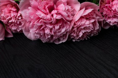 güzel taze peonies ahşap yüzey üzerinde. Siyah rustik ahşap zemin üzerine pembe peonies çarpıcı. Kopya alanı