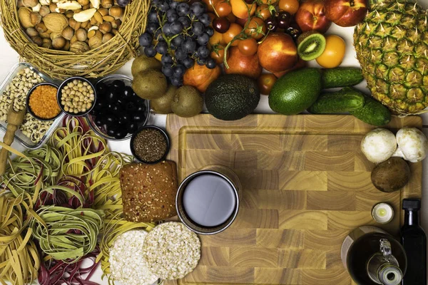 Fondo Comida Mediterránea Surtido Frutas Verduras Frescas Alimento Saludable Dieta — Foto de Stock