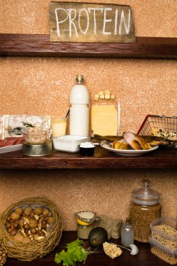 Diyet kavramı, zengin doğal farklı türleri protein gıdalar, domuz yağı, köfte, sığır eti, balık, süt ve süt ürünleri, fındık, marul, soya, avokado Hindistan cevizi yağı fasulye Susam tahin buğday