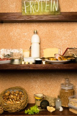 Diyet kavramı, zengin doğal farklı türleri protein gıdalar, domuz yağı, köfte, sığır eti, balık, süt ve süt ürünleri, fındık, marul, soya, avokado Hindistan cevizi yağı fasulye Susam tahin buğday