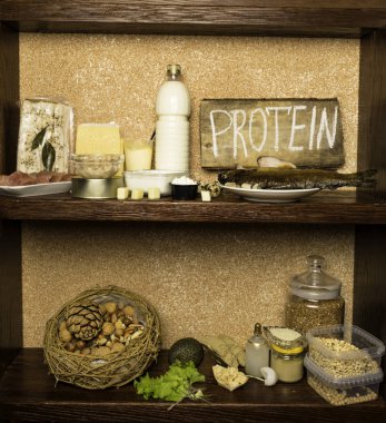 Diyet kavramı, zengin doğal farklı türleri protein gıdalar, domuz yağı, köfte, sığır eti, balık, süt ve süt ürünleri, fındık, marul, soya, avokado Hindistan cevizi yağı fasulye Susam tahin buğday