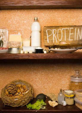 Diyet kavramı, zengin doğal farklı türleri protein gıdalar, domuz yağı, köfte, sığır eti, balık, süt ve süt ürünleri, fındık, marul, soya, avokado Hindistan cevizi yağı fasulye Susam tahin buğday