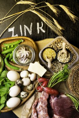 Gıdalar yüksek yağ, sığır eti, karabuğday, sarı peynir, ıspanak, avokado, bezelye, mantar, fasulye içinde ahtapot olarak çinko içinde turp yumurta ile yazıt sağlıklı diyet gıda üstten görünüm