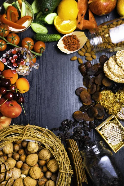 Egészséges Élelmiszer Háttér Gyűjtemény Különböző Gyümölcsök Bogyós Gyümölcsök Zöldségek Vegetáriánus — Stock Fotó