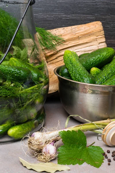 Pepinos crus de conservação em escabeche. Pepinos frescos prontos para enlatamento com endro, folha de groselha, pimenta, alho e especiarias em backgroud cinza e decoração de madeira — Fotografia de Stock