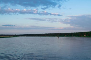 güzel beyaz yat deniz mavi gökyüzü, orman arka plan