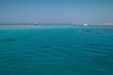 Uzaktan red Sea'deki/daki ufuk ile arka planda sahil boyunca yelken yat