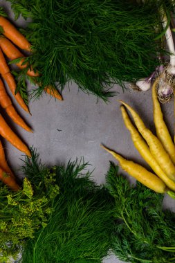 Taze ve tatlı havuç sarımsak gri bir tablo. Sağlık gıda kavramı