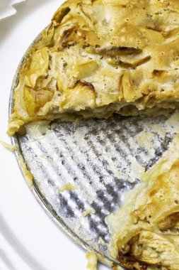 Elmalı turta metal plaka, closeup üzerindeki doğal ahşap zemin üzerine taze pişmiş