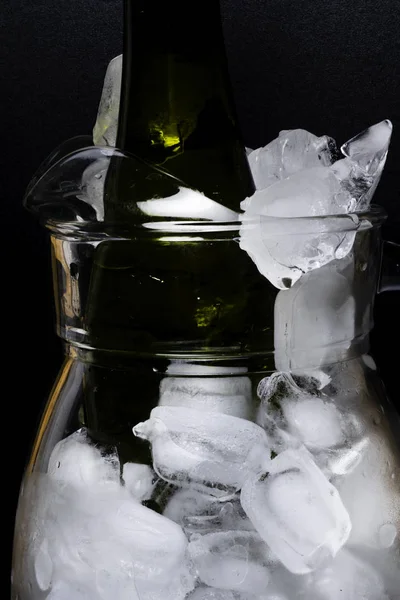 Champagne White Wine Bottle Cold Ice Decanter Isolated Black Background — Stock Photo, Image