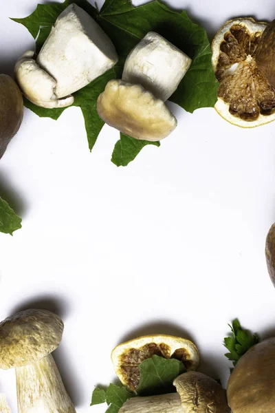 Frame of freshly picked forest mushroom on white background, top view. Komposisi daun maple kering, ceps, dan irisan oranye kering Musim gugur . — Stok Foto