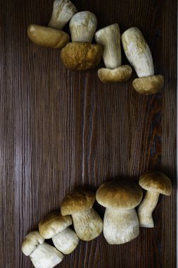 Autumn Cep Mantarları. Boletus Edulis 'i Tahta Karanlık Arkaplan' ın üzerinde, ahşap kırsal masaya yakın tutuyor. Lezzetli organik mantar pişiriyorum. Gurme yemekleri.