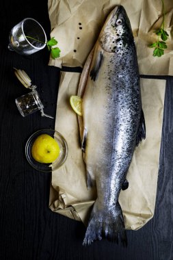 Çiğ somon maydanoz otlar limon dilimleri, rustik koyu arka plan üzerinde baharatlar ile. Balık pişirme için hazırlanıyor. Sağlıklı gıda kavramı. Üstten görünüm