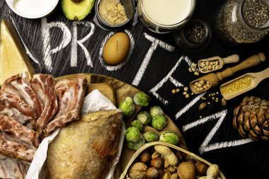 Sağlıklı protein kaynağı ve vücut yiyecek geliştirme ürün yelpazesine. Domuz eti, ton balığı muz kırmızı balık yumurta süt ve süt ürünleri süzme peynir yoğurt fasulye fındık mercimek fasulye. Üstten görünüm
