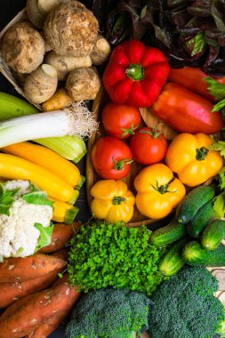 taze organik renk sebze yemeği, domates, salatalık, brokoli, kabak, tatlı patates, kereviz pırasa biber potasyum karnabahar cardleach mor ve yeşil cress salata karışımı,