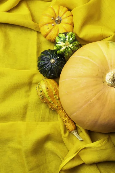 Abóboras Verdes Cor Laranja Maduras Jazem Tecido Linho Amarelo Entre — Fotografia de Stock