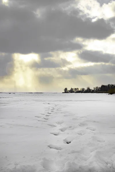 Sonnenuntergang Über Dem Zugefrorenen See Oder Fluss Wald Fußspuren Schnee — Stockfoto