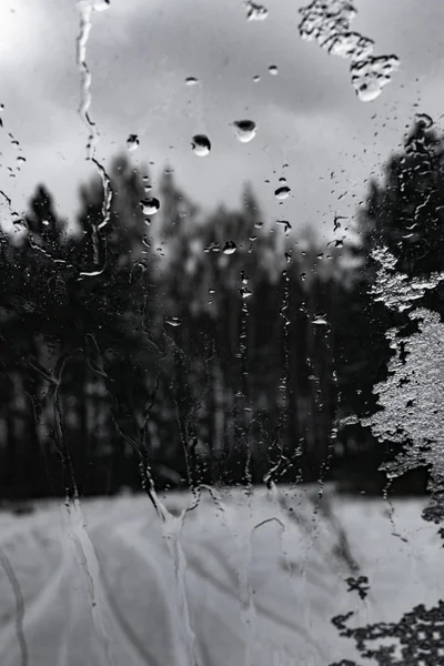 Gocce Pioggia Sulla Finestra Vetro Con Sfondo Foresta Inverno — Foto Stock