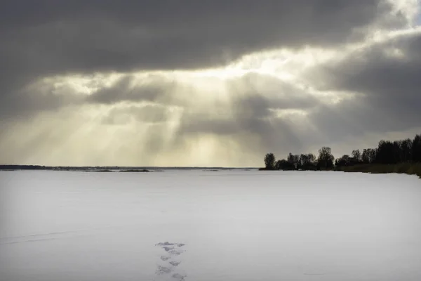 Frostige Winterlandschaft Mit Gefrorenem Fluss Oder See Twilight Cold Morning — Stockfoto