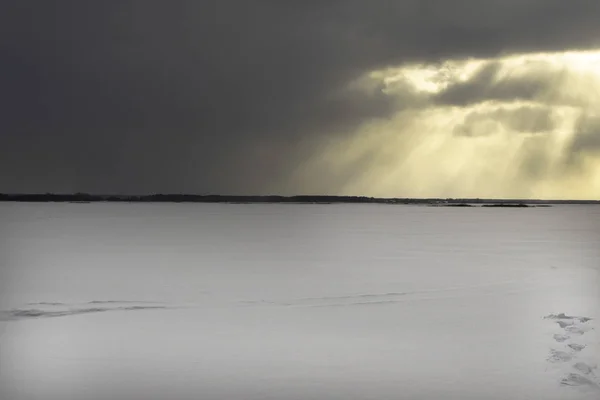 Frostigt Vinterlandskap Med Fryst Flod Eller Sjö Twilight Cold Morgon — Stockfoto