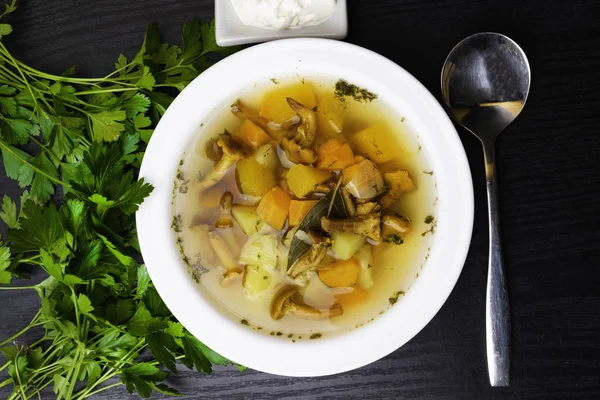 Cup Soup Chanterelles Pumpkin Sour Cream Herbs Parsley Bay Leaf — Stock Photo, Image