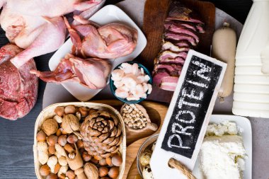 Sağlıklı protein kaynağı ve vücut yiyecek geliştirme ürün yelpazesine. Eti sığır tavuk bıldırcınlar nohut, pate, yumurta süt ve süt ürünleri peynir fasulye fındık yemek karides. arka plan, üstten görünüm