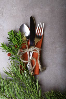 Yüksek açı görünümü, gümüş çatal bıçak takımı ayarla sarılı ip Noel ağacı dalı, kırmızı berry ile şık gri taş zemin üzerine Noel yemeği dekorasyonu plaka. Neşeli Noel kartı. Kış tatil tema. Yeni Yılınız Kutlu Olsun. Metin için yer.