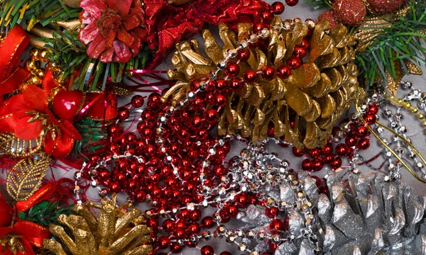Kerstmis Achtergrond Rood Goud Zilver Versieren Elementen Achtergrond Creatieve Lay — Stockfoto