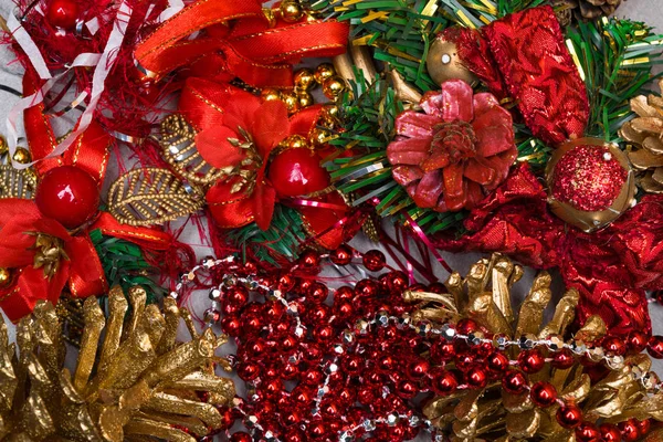 Kerstmis Achtergrond Rood Goud Zilver Versieren Elementen Achtergrond Creatieve Lay — Stockfoto