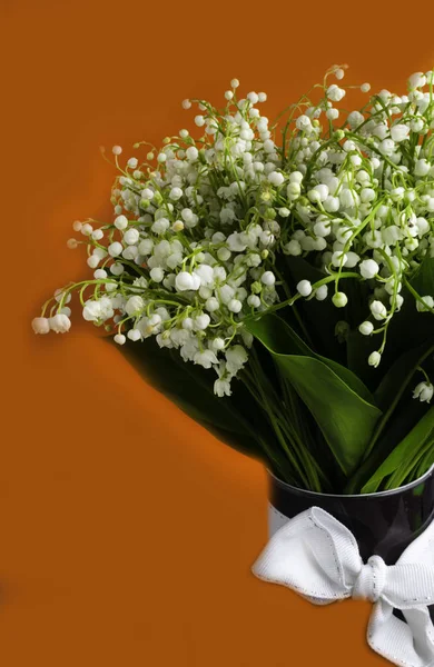 Taze bahar kokulu çiçekler lily vadi turuncu bir arka plan üzerinde. Parlak ve sulu arka plan hassas lily vadi çiçek. Lily arka plan boşluk, seçici odak duyuyor