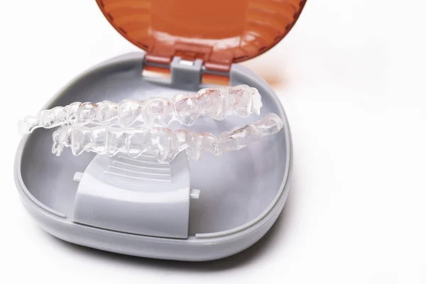 Isolated Transparent Teeth Prosthesis Aligner Its Box Isolated Wite Way — Stock Photo, Image