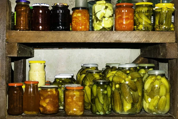 Jars Pickled Vegetables Fruity Compotes Jams Cellar Preserved Food — Stock Photo, Image