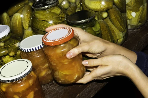 Woman Puts Jam Jars Basement Storage Long Time — Stock Photo, Image