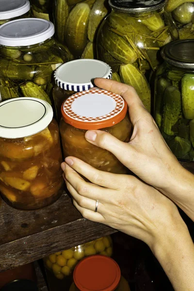 Woman Puts Jam Jars Basement Storage Long Time — Stock Photo, Image