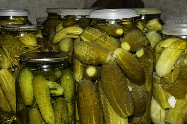 Glass Jar Pickled Cucumbers Cellar — Stock Photo, Image
